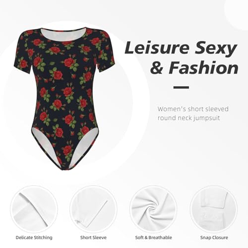 Meaudiwes Women Crew Neck Short Sleeve Bodysuit Sexy Thong Bodysuit Shirts Floral Flowers Black Red Roses for Weddings Work Travel Parties Fashion Shows