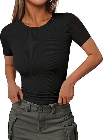 ELESOL Women Short Sleeve Shirts Lightweight Thermal Tops Ribbed Knitted Outfit Tees Soft Crew Neck Undershirt Basic Clothes Black