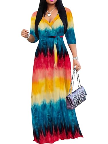 Image of PinkPatty Plus Size Maxi Dress for Women 3 /4 Sleeve Casual Long Dress | Soft stretchy fabric, functional pockets, flattering wrap v neck for vacation, casual wear and everyday styling