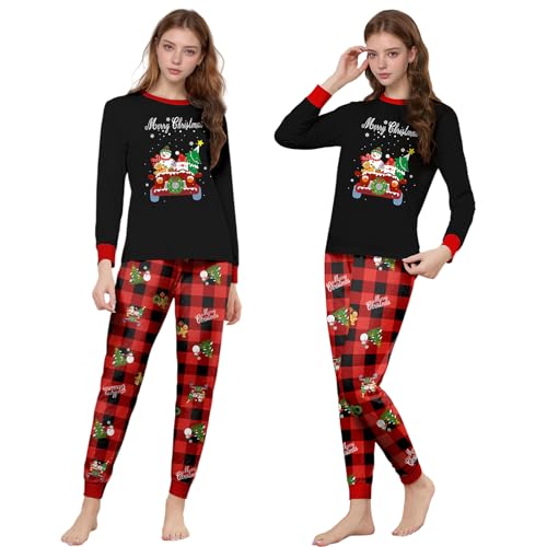Suffolly Pijamas de Mujer Navidad, Pijama Mujer Invierno, Pijama Mujer con Camiseta Manga Larga y Pantalones Largos Pijama Navidad, Ciervo y Muñeco de Nieve (FR/ES, Letras, XL, Regular, Regular, A)