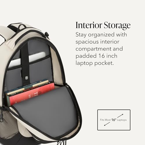 Image of SWISSGEAR Cecil 18-Inch Laptop Backpack Fits 16-Inch Laptop, Travel Daypack with Organizer Pockets, Water Bottle Holders & Padded Straps - Cream /Black