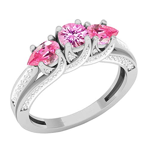 Dazzlingrock Collection Pear & Round Lab Created Gemstone with Natural Round White Diamond 3 Stone Engagement Ring for Her in 925 Sterling Silver