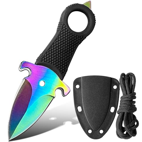 Small Double Edge Knife Fixed Blade Neck Knife with Sheath, EDC Full Tang Knives, Gift for Outdoor Camping Hunting Backpackers Hiking Enthusiasts