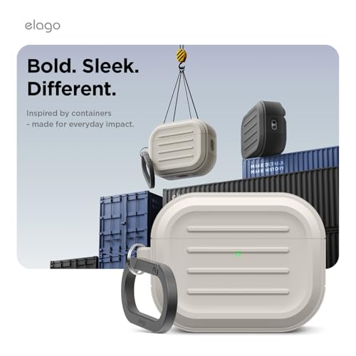 Image of elago Armor Case Compatible with AirPods Pro 3 Case - Carabiner Included, Supports Wireless Charging, Shock Resistant, Full Protection (Stone)