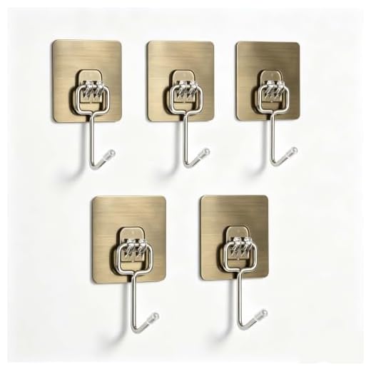 5 Pcs Heavy Duty Adhesive Hooks for Hanging Heavy Items, Large Adhesive Hooks Waterproof and Rustproof Wall Hook Command Hooks Towel Hooks for Bathroom, Kitchen, and Home Use (Gold)