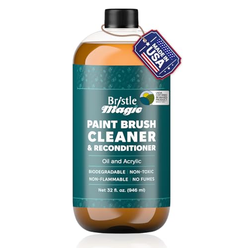 Bristle Magic Oil Paint Brush Cleaner and Restorer-Paintbrush Cleaner for Acrylic, Oil, and Glass Paints-Biodegradable, Non-Toxic, Odorless, Eco-Friendly, Quick-Clean Formula Paint Remover (32 Fl Oz)