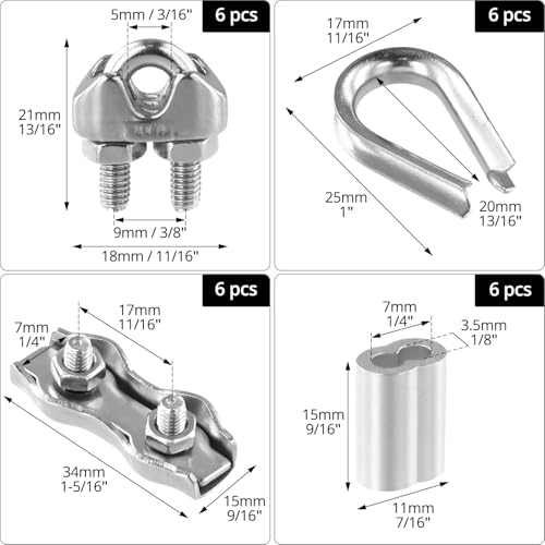 QWORK® 30-tlg. Edelstahl Drahtspanner Set für 3-mm-Drahtseil, Inklusive M5 Spannschloss, Drahtseilklemme und Drahtseil Kauschen
