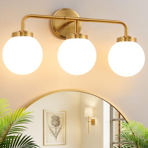 Modern Brushed Gold Vanity Lights for Bathroom Mid Century 3 Light Bathroom Vanity Light with Globe Milky White Glass Shade Over Mirror Brass Wall Sconce for Bathroom Hallway Living Room Bedroom