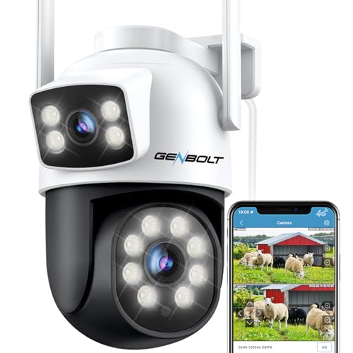 GENBOLT 3G/4G LTE Camara de Seguridad al Aire Libre sin WiFi, Camara de Vigilancia Celular de Doble Lente con Tarjeta SIM, 24/7 Grabación Continua Camara de Vigilancia PoE IP con Seguimiento Humanoide