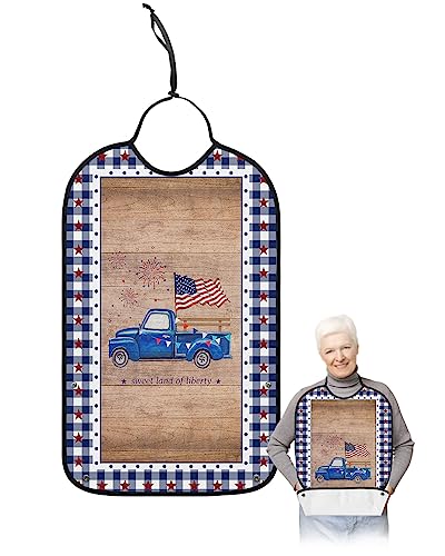 4th of July Adult Bibs for Eating, Waterproof Bibs with Food Catcher & Adjustable Snap Closure, Independence Day Blue Plaid Truck Vintage Wood Clothing Protectors Adult Bibs for Elderly Women/Men