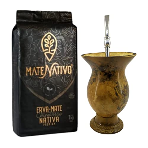 Kit Chimarrão 1 Cuia Porongo Com Pé De Massa 1 Bomba Inox Sobrecano Redondo 1 Erva Mate Nativo Sabor