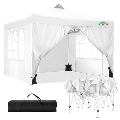 COBIZI Faltpavillon 3x3m Wasserdicht Stabil Winterfest Pavillon Partyzelt Gartenpavillon mit Entlüftung, 4 Seitenteilen, 4 Sandsack, Höhenverstellbar, Pop up Faltbar Gartenzelt, Weiß