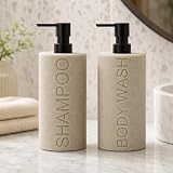Indecor Home Resin 2 Pack Shampoo, Conditioner or Body Wash Dispenser Set, Luxurious Refillable Pump Bottles with Matte Pump Top and Embossed Text, Durable Design for Bathroom and Shower