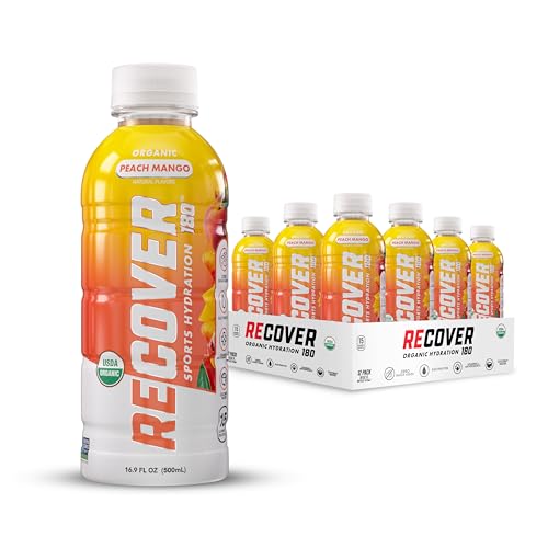 RECOVER 180 Organic Sports Hydration Drink, No Sugar Added, 15 Calorie Sports Beverage, Organic Flavors With Vitamins, Potassium-Packed Electrolytes (16.9 Fl Oz (Pack of 12), Peach Mango)