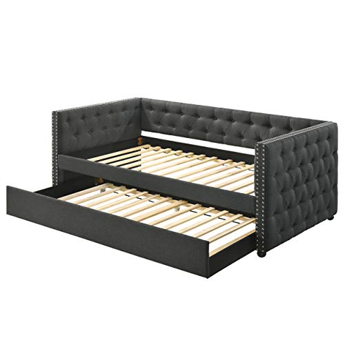 Daybed with A Trundle, HABITRIO Solid Wood Structure Gray Fabric Upholstered Full Size Day Bed Frame w/Twin Size Roll-Out Trundle, No Box Spring Needed, Furniture for Bedroom, Living Room, Guest Room - Thumbnail 2