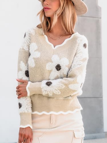 Image of CUPSHE Sweaters for Women Long Sleeve Pullover Knit Tops | Floral Scalloped V Neck Pullover Sweaters, Soft and Cozy Fabrics, Relaxed Fit, Fall Clothes, Winter Clothing, Cute Fashion