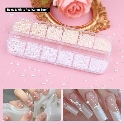 10 Boxes Nail Art Kit, Colorful Glass Nail Rhinestones, 2-6mm White Flatback Pearls, 3D Gold Studs Holographic Foil Flakes and Iridescent Glitter Sequins with Tweezers Brush