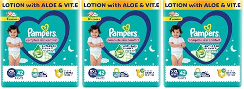 Image of Pampers Complete Skin Comfort Pants, Anti-rash blanket, Lotion with Vitamin E & Aloe Vera,Double Extra Large size baby diapers (XXL) 42 Count,15-25kg (Pack of 3)