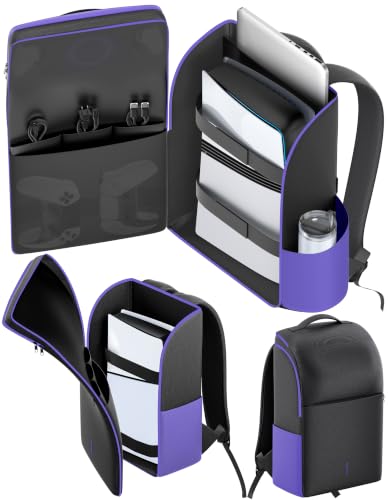 LVVIL Backpack for PS5/ Slim/ Pro Console, Fully Zip-Open PS5 Carrying Case Travel Bag, Large Capacity PS 5 Storage Bag for Dual Controllers,PS Portal, Laptop, Game Cards, with 3 Cable Pouch, Purple