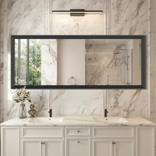 Image of DESBING Large Bathroom Mirror for Over Sink, 60 inch x 24 inch Black Rectangle Bathroom Mirrors for Double Vanity, Metal Ribbed Textured Framed Wall Mirror for Bathroom, Living Room, Bedroom,Dressing Room