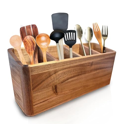 Dstuff Wooden Utensil Holder for Kitchen Counter - Extra Large Kitchen Utensils Holder & Organizer for Countertop - Acacia Wood Cooking Spoon Holder Crock (4 Compartments)