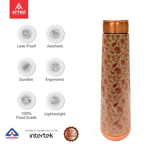 Image of ATTRO Arth Deluxe Copper Bottle Design Boosts Immunity Leakproof & Lightweight |Anti-Bacterial, BPA Free with Secure Cap for School, Travel, Gym & Work 900ml Florence Gold
