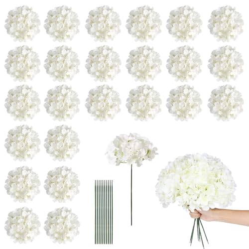 VELAJA 24 pcs Hortensia Artificielle Blanche, Fleurs Artificielles Réalistes avec Tiges Flexibles pour Bouquets, Décoration de Mariage, Fête, Bureau et...