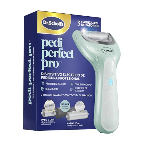 Dr. Scholl's Pedi Perfect Pro Pedicura Eléctrica Profesional para Pies – Elimina Callos y Durezas, Lima Eléctrica para Talones, Fresa Recargable e Impermeable, 3 Cabezales, Recogepolvo