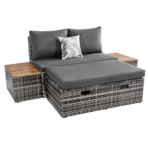 Chiidou Outdoor Rattan Daybed, Lounge Chair Sofa Couch with Storage Ottoman, Garden Furniture Relaxing Loveseat with 2 Side Tables for Backyard Patio Poolside