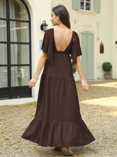 Image of Kikibell Women Summer Dresses Sexy V-Neck Maxi Dress Tiered Silhouette with Flutter Sleeve Backless Elastic Waist Flowy Dress