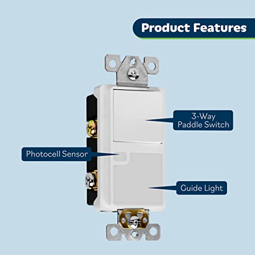 Topgreener Led Guide Light Paddle Switch With Automatic Daylight Sensor, Night Light Light Switch, Lighted Decorator Wall Switch, 125Vac/15A 3-Way Or Single Pole, Tgls315-W, White #TOP1