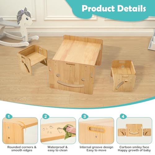 FUNLIO Montessori Höhenverstellbares kindertisch mit 2 stühlen für 1-3 Jährige, hochwertiger Massivholz Kinder Tisch Stuhl Set, zum Lesen/Essen/Spielen, einfach aufzubauen - Quadratischer Tisch
