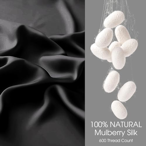 Image of 100% Silk Pillow Cases 2 Pack Queen Size Mulberry Silk Pillowcase for Hair and Skin Set of 2 Highest Grade 6A Silk Soft Breathable Cooling with Hidden Zipper, Black