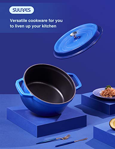 SULIVES Non-Stick Enamel Cast Iron Dutch Oven Pot with Lid Suitable for bread baking use on gas electric oven 5 Quart for 4-6 people(Dark Blue)