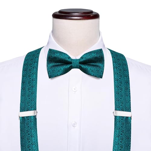 Image of Hi-Tie Men Suspender Bowtie Set Suspenders Pre-tied Bow Tie Pocket Square Cufflinks Adjustable Y Shape 6 Clips Braces Tuxedo