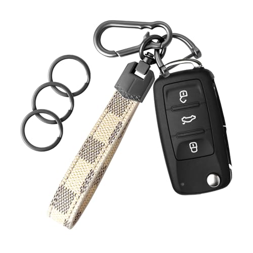OHKYOOT Leather Car Key chain Carabiner Clip Key Fob Keychain for Home Car Keys Women Men (Grid Off White)