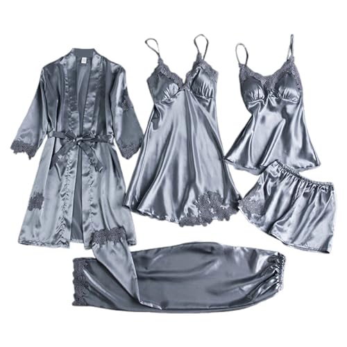 Conjunto de Pijamas para Mujer de Seda Satén con Encaje 5 Piezas Bata Camisón Top Pantalones Largos y Cortos Suave Fluida Elegante y Sedosa