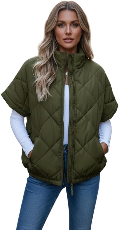 Women's Puffer Vest Short Sleeves Quilted Cropped Jackets Casual Lightweight Zip Up Warm Coat with Pockets