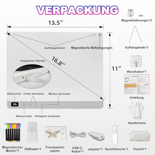LED-Zeichenbrett mit 13 Lichteffekten, 2600mAh wiederaufladbares Leuchtendes Led Maltafel Kinder, 35x25 cm Neonlicht Maltafel Acryl Notiztafel kreatives Geschenk Geburtstagsgeschenke Geschenke