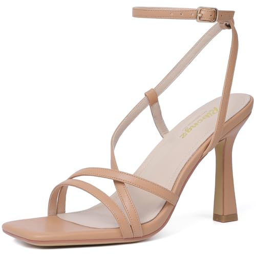 RIBONGZ Nude Strappy Stiletto Kitten Heels Ankle Strap Sexy Heeled Sandals for Women Square Open Toe High Heels Wedding Bride Party Prom Dress Shoes 8.5