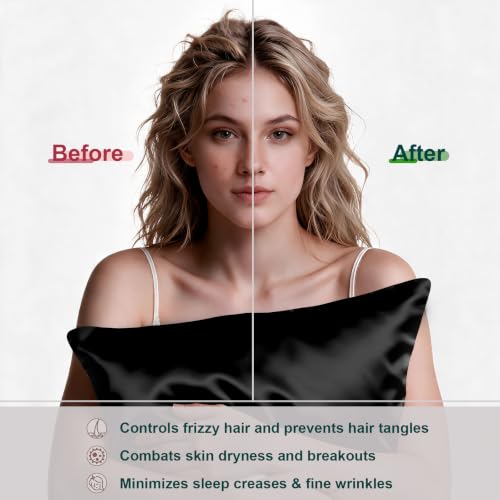 Image of LYSHIN Black Silk Pillowcase King Size with Hidden Zipper | 19 Momme Mulberry Silk Pillow Cases for Skin and Hair, Anti-Acne, Hypoallergenic, Cooling, Beauty Sleep, Gifts for Women