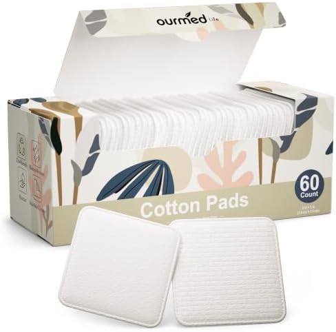 Ourmed Life Große Wattepads Gesicht, 7,6 x 7,6 cm Abschminkpads, 60 Stück | 3-lagig, extra dick, weich, fusselfrei, gepresste Nähte, pflanzenbasiert, doppelseitige Textur, reißfest
