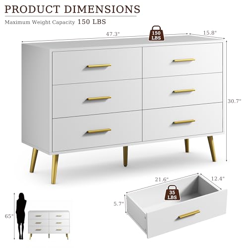 Image of White 6 Drawer Dresser for Bedroom, 47 inch Wood Dresser with Gold Handles.