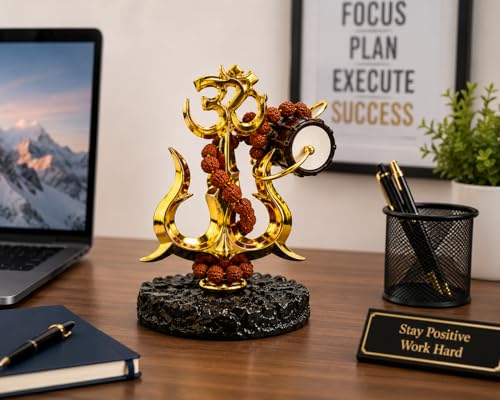 Image of Hindu Trishul Damroo Idol with Original Rudraksha | Small Murti for Car Dashboard, Home Decor, Office Table, Pooja | Spiritual Gift Item | 11 cm