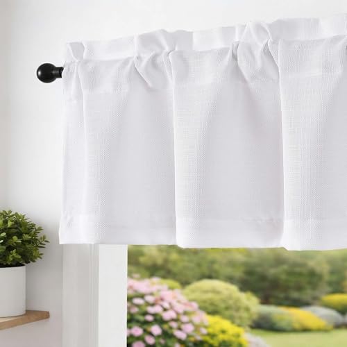 LIVEKID White Valance for Windows - Light Filtering Faux Linen Textured Small Window Curtains for Kitchen Bathroom Laundry Farmhouse Rod Pocket Short Curtains for Windows 60 W x 14 L 1 Piece