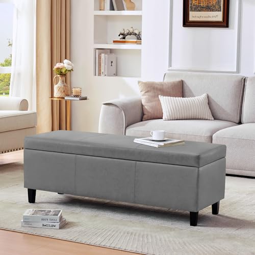 Image of Storage Ottoman Bench 50.3 inch Faux Leather Upholstered End of Bed Bench, Grey