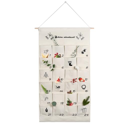 24 Adventskalender aus Stoff zum Befüllen, Adventskalender Wandteppich mit Stock und Seil & 13x13cm extra großer Tasche, 110x60cm Hängende Wand- & Türdekoration für Weihnachten Advent Kalender 2025
