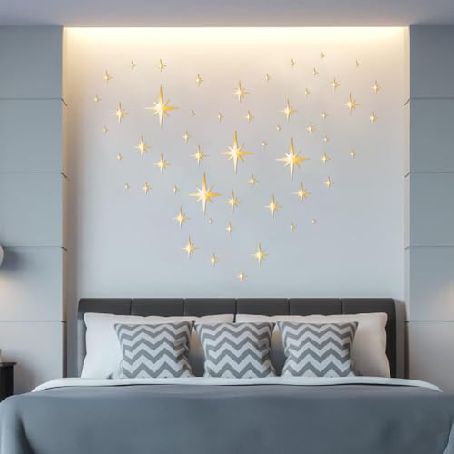 Spiegel Wandaufkleber Sterne, 82Pcs 3D Wandtattoo Spiegel Abnehmbare Spiegel Sticker Sterne Acryl Spiegel Selbstklebend für Home Wohnzimmer Schlafzimmer Dekor (Gold)