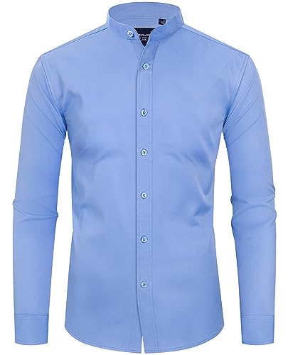 Alimens & Gentle Mens Mandarin Collar Dress Shirt Long Sleeve Button Down Banded Collar Shirts Solid Stretch Formal Shirt Blue