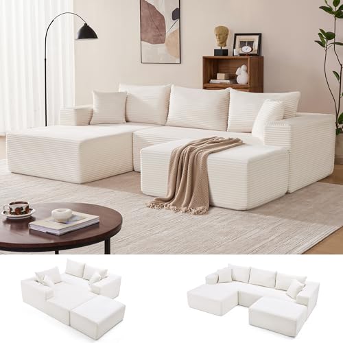 Image of Mangodan 110 inch Cloud Sectional Couch, Modular Sectional Sofa with Deep Seat, Boneless Sofa for Living Room, Fluffy Comfy U-Shaped Couch with Left Facing Chaise, No Assembly Required, Beige